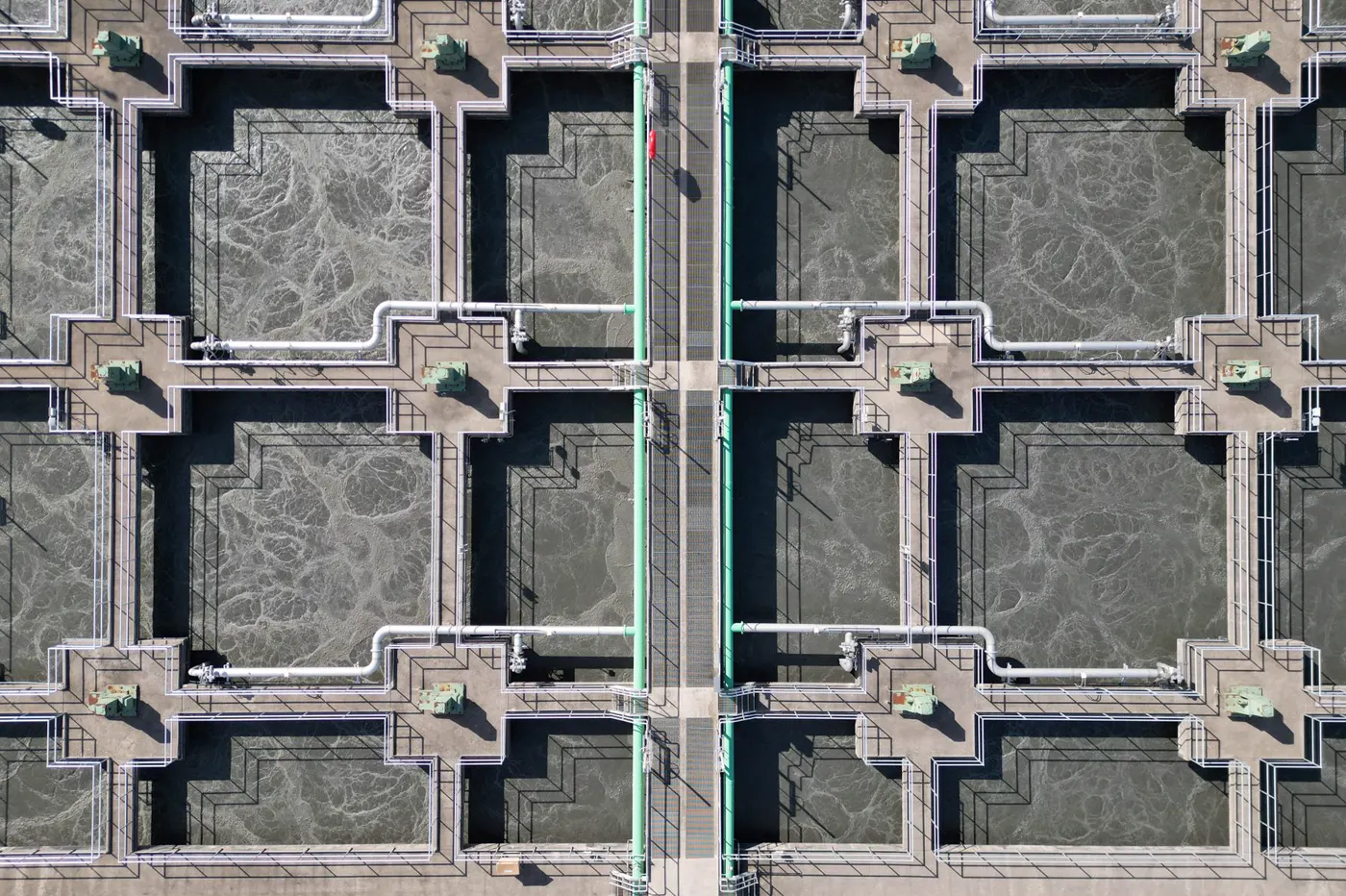 An aerial view of a municipal water treatment facility.