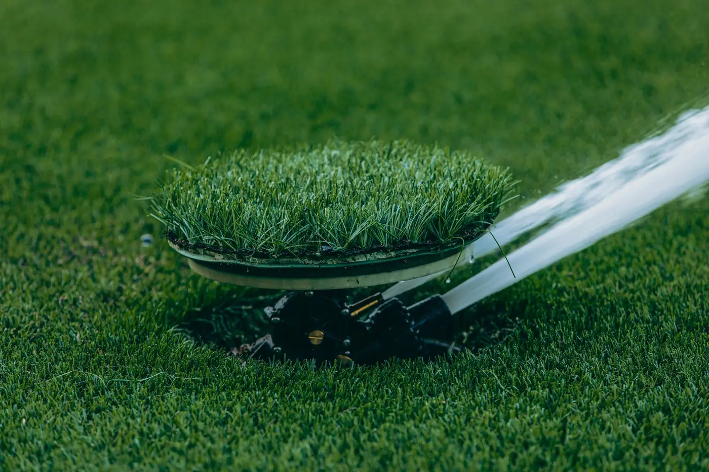 A lawn sprinkler spraying water across green grass.